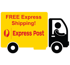 an icon of a delivery van with the words free express shipping and the australia post express shipping logo on the side